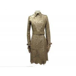 NEUF MANTEAU BURBERRY TRENCH T36 S EN CUIR AJOURE DORE 2 CEINTURES COAT 5500€