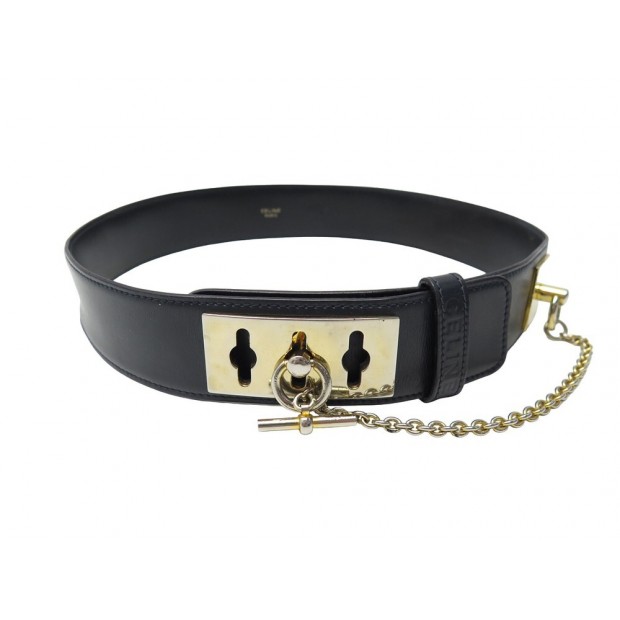 VINTAGE CEINTURE CELINE COLLIER DE CHIEN T 70 CUIR BOX BLEU LEATHER BELT 590€