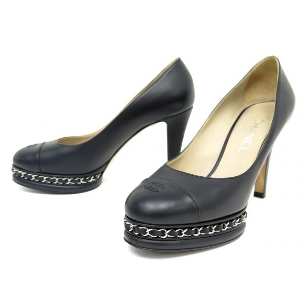 CHAUSSURES CHANEL ESCARPINS CHAINE LOGO CC G29068 38.5 EN CUIR BOITE SHOES 1400€