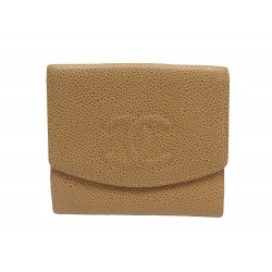 NEUF PORTEFEUILLE CHANEL LOGO CC EN CUIR CAVIAR BEIGE PORTE CARTES WALLET 990€