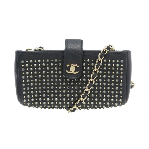 NEUF POCHETTE CHANEL O-MINI CUIR CAVIAR STRASS SWAROVSKI WALLET CHAIN CLUTCH BAG