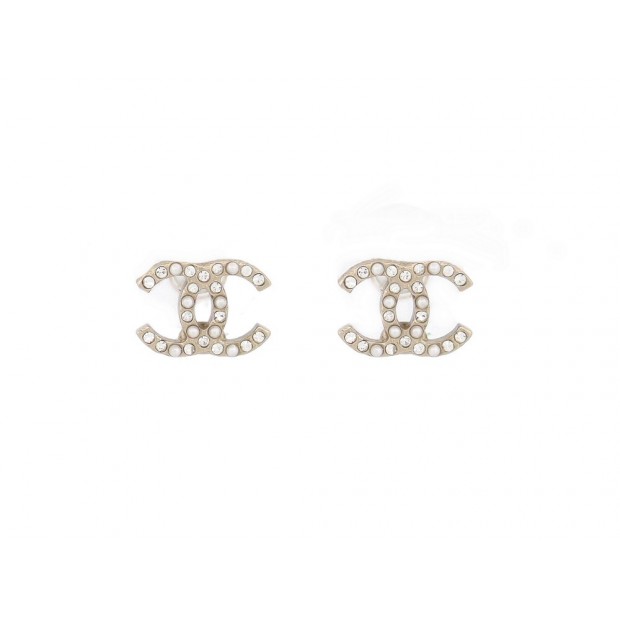 NEUF BOUCLES D'OREILLE CHANEL PUCES PUCES LOGO CC STRASS & PERLES + BOITE 500€