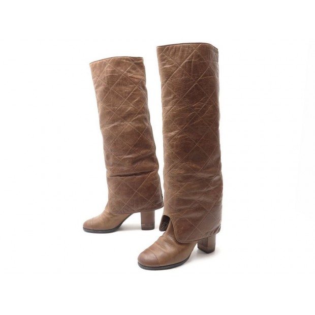 CHAUSSURES CHANEL BOTTES GUETRES MATELASSEES 28029 37.5 CUIR CAMEL BOOTS 1300€