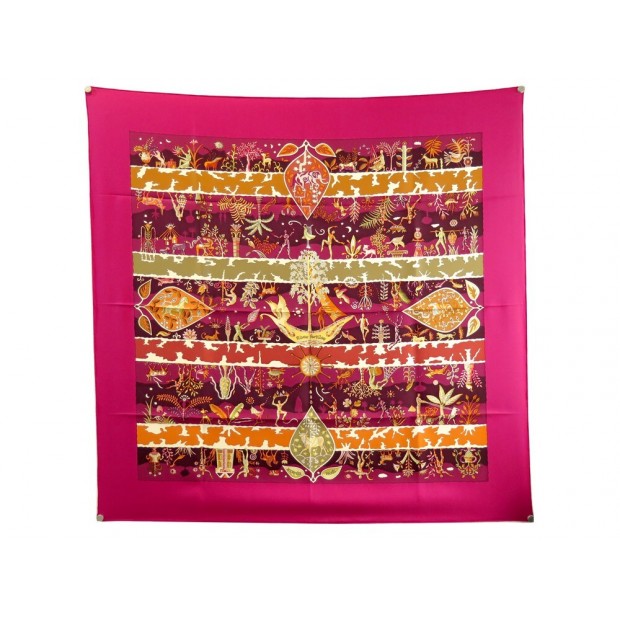 NEUF FOULARD HERMES RIVES FERTILES C.HENRY SOIE FUSHIA + BOITE SILK SCARF 495€