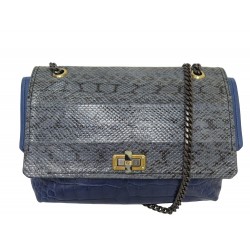 SAC A MAIN LANVIN HAPPY LARGE ELAPHE PYTHON ET CUIR FACON CROCO BLEU BAG 3750€