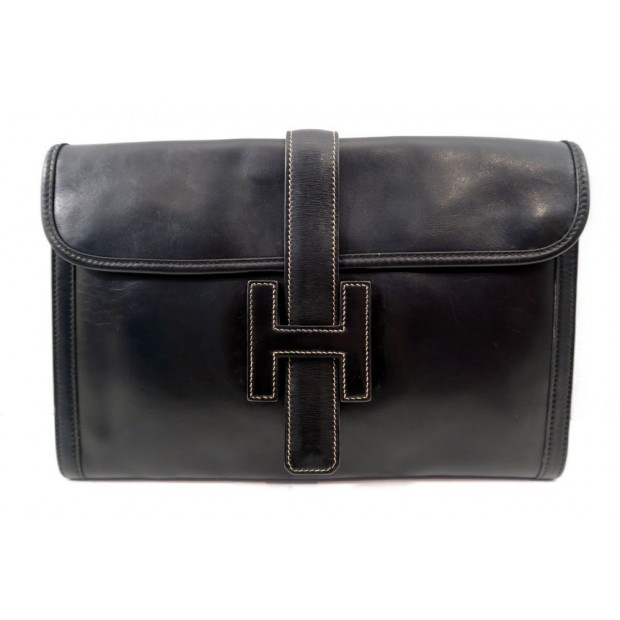 VINTAGE POCHETTE HERMES JIGE PM SAC A MAIN CUIR BOX NOIR 29 CM BAG CLUTCH 1680