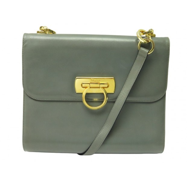 VINTAGE SAC A MAIN FERRAGAMO GANCINI BANDOULIERE CUIR GRIS LEATHER HANDBAG 2200€