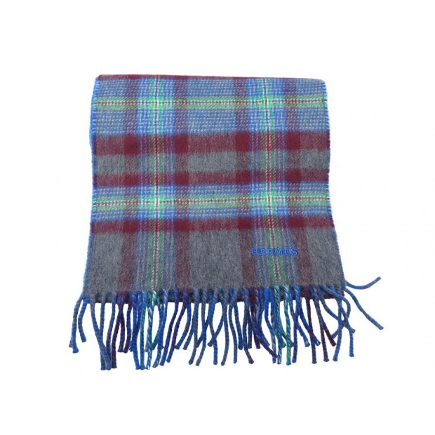 NEUF ECHARPE HERMES MOTIF TARTAN A FRANGES CACHEMIRE GRIS BLEU 160CM SCARF 900€