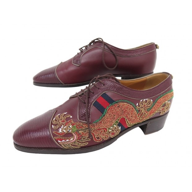 CHAUSSURES GUCCI DERBY BRODERIE DRAGON 510110 CUIR & LEZARD 5.5 39.5 SHOES 1660€