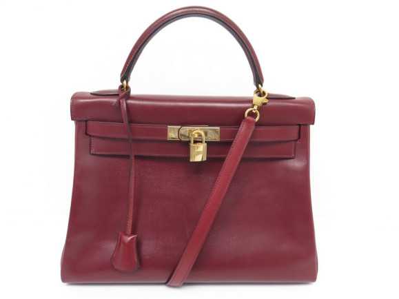 SAC A MAIN HERMES KELLY 32 RETOURNE EN CUIR BOX ROUGE BRIQUE BANDOULIERE PURSE
