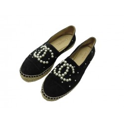 NEUF CHAUSSURES CHANEL ESPADRILLES LOGO CC PERLES G29762 37 DAIM NOIR SHOES 860€