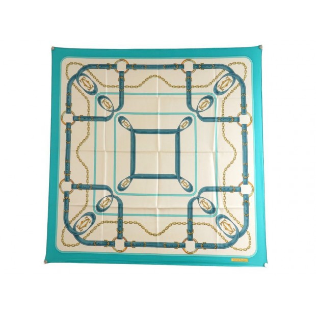 FOULARD MUST DE CARTIER CARRE EN SOIE BLEU SANGLES CHAINES SILK SCARF 320€