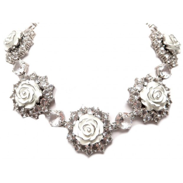 NEUF COLLIER PRADA ROSES BLANCHES EN RESINE & CRISTAL CRYSTAL NECKLACE 1500€
