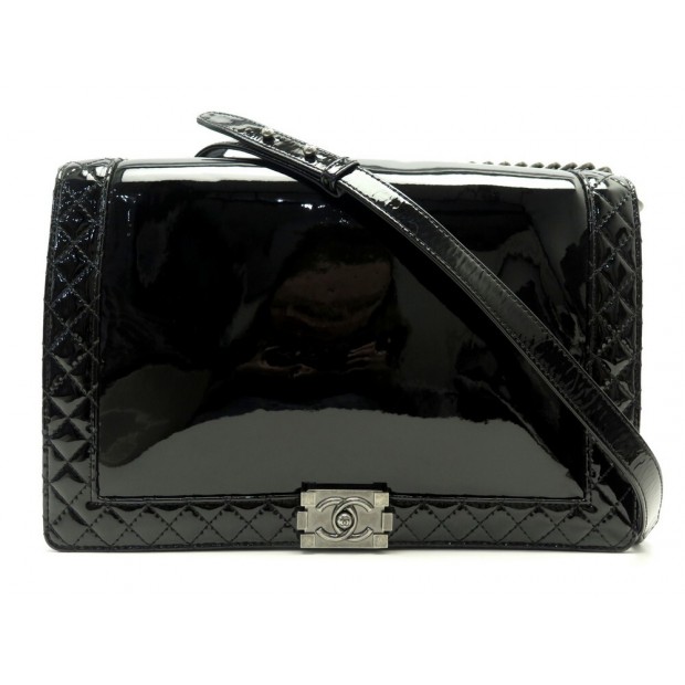 NEUF SAC A MAIN CHANEL BOY MAXI JUMBO EN CUIR VERNIS NOIR BANDOULIERE BAG 10000€
