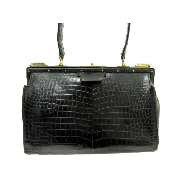 VINTAGE SAC A MAIN HERMES DOCTEUR 404 EN CUIR DE CROCODILE NOIR DOCTOR HAND BAG