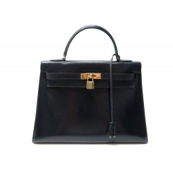 VINTAGE SAC A MAIN HERMES KELLY 33 SELLIER EN CUIR BOX BLEU MARINE PURSE 7200€