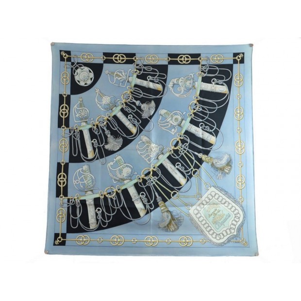 FOULARD HERMES CLIQUETIS 1ERE EDITION 1972 ABADIE CARRE EN SOIE BLEU SCARF 350€