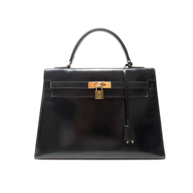 VINTAGE SAC A MAIN HERMES KELLY 33 SELLIER EN CUIR BOX NOIR HAND BAG PURSE 7200€