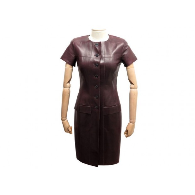 ROBE BLOUSE CHANEL P14400 S 36 CUIR BORDEAUX MANCHES COURTES LEATHER DRESS 5000€