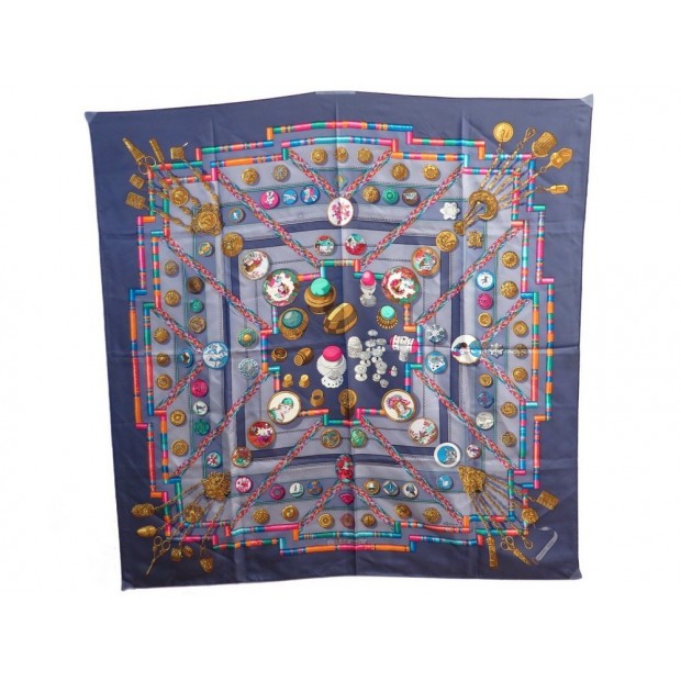 FOULARD HERMES PETITE MAIN CATHY LATHAM CARRE EN SOIE BLEU BLUE SILK SCARF 345€