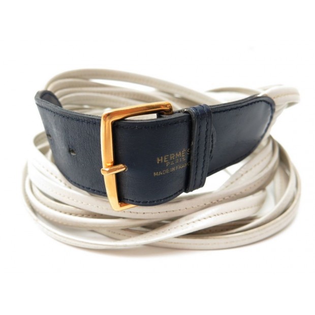 VINTAGE CEINTURE HERMES T72 LACETS EN CUIR BLANC BOUCLE DOREE LEATHER BELT