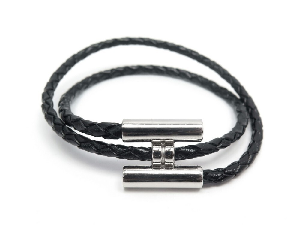 bracelet hermes tournis en cuir tresse noir 20cm