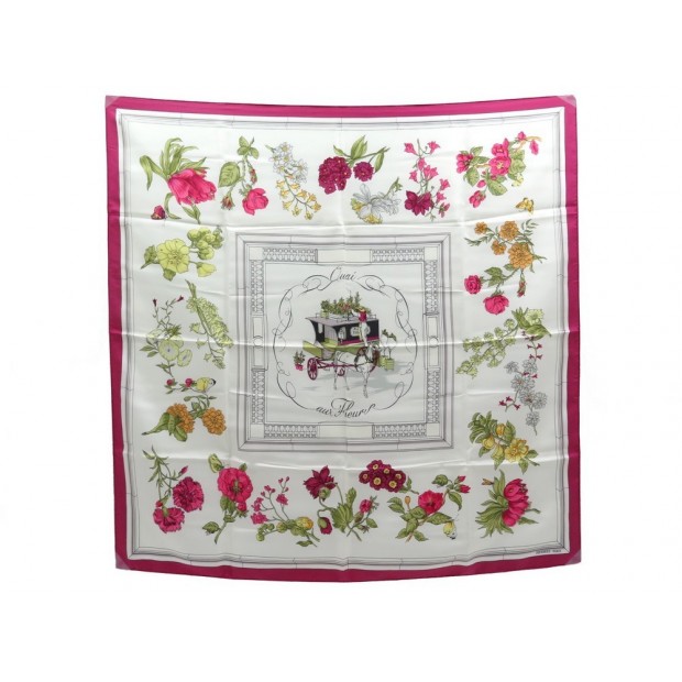 FOULARD HERMES QUAI AUX FLEURS HUGO GRYGKAR CARRE EN SOIE BLANC SILK SCARF 350€