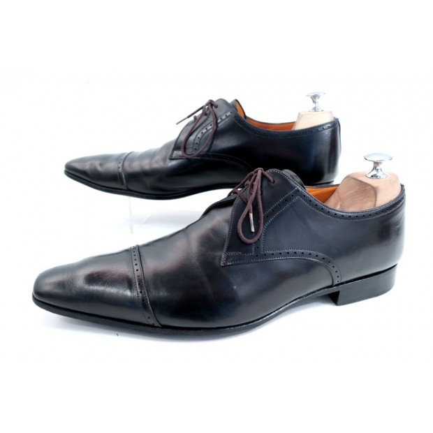 CHAUSSURES SANTONI DERBY 3 OEILLETS 10 IT 44 FR EN CUIR NOIR BLACK SHOES 545€