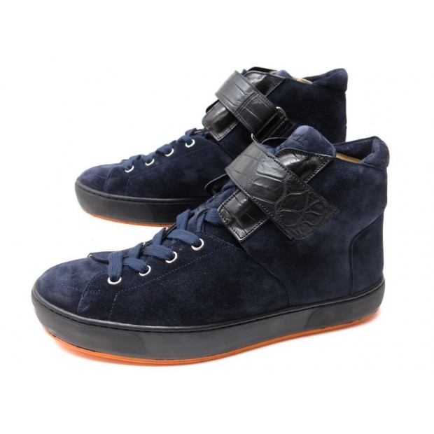 NEUF CHAUSSURES HERMES 40 41 BASKETS CUIR CROCO & DAIM BLEU BOITE SNEAKERS 1500€