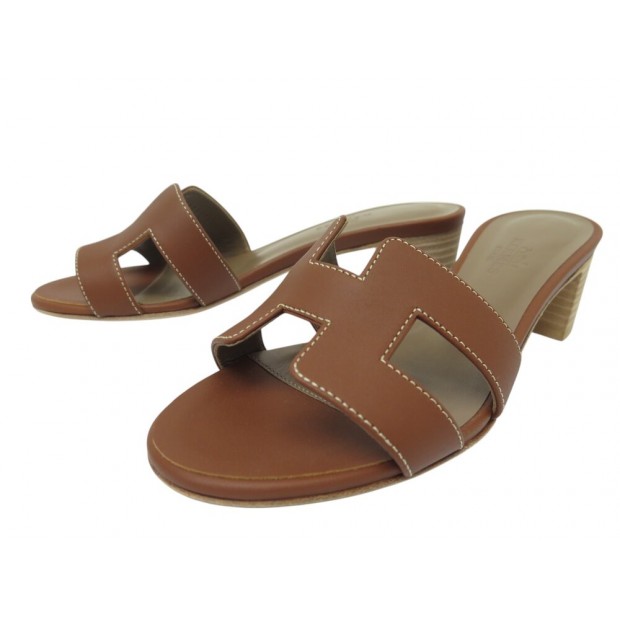 NEUF CHAUSSURES HERMES SANDALES OASIS H071002Z CUIR MARRON 34 + BOITE SHOES 650€