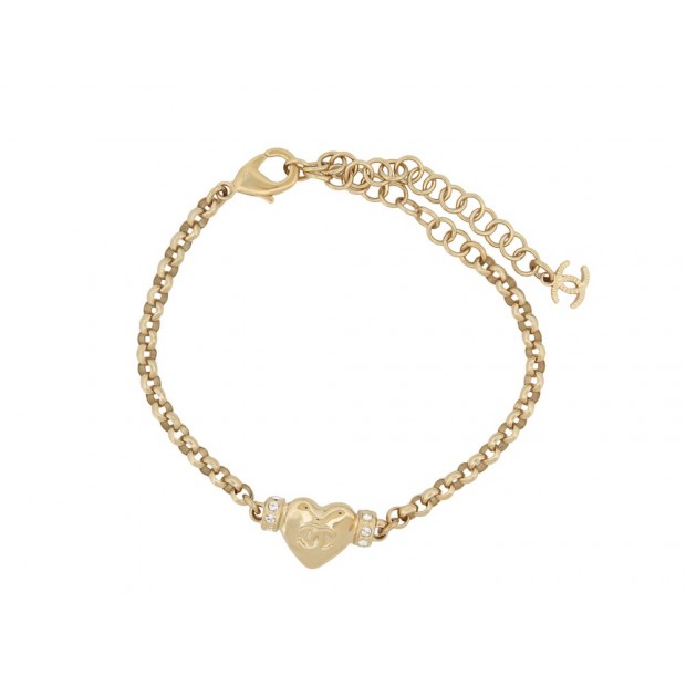 NEUF BRACELET CHANEL COEUR LOGO CC STRASS 16-25 ABD086 METAL DORE BANGLE 570€