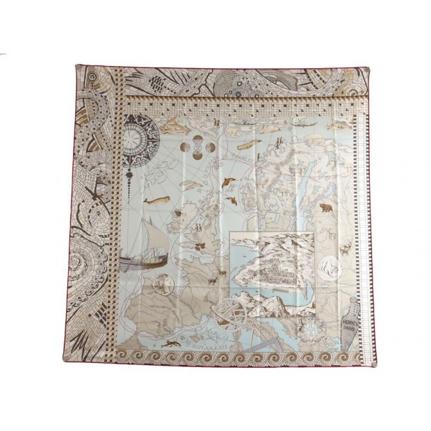 NEUF FOULARD HERMES LE VOYAGE DE PYTHEAS SOIE BEIGE CARRE 90 CM SCARF SILK 350€