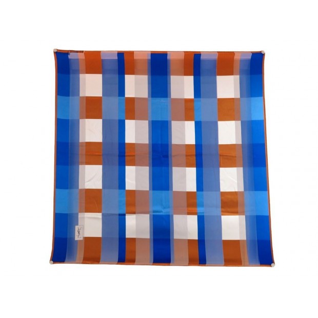 FOULARD YVES SAINT LAURENT EN SOIE BLEU & MARRON CARRE 90 CM SILK SCARF 225€