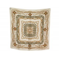 VINTAGE FOULARD CHANEL MOTIF BIJOUX GRIPOIX CARRE 90 SOIE ECRU SILK SCARF 530€