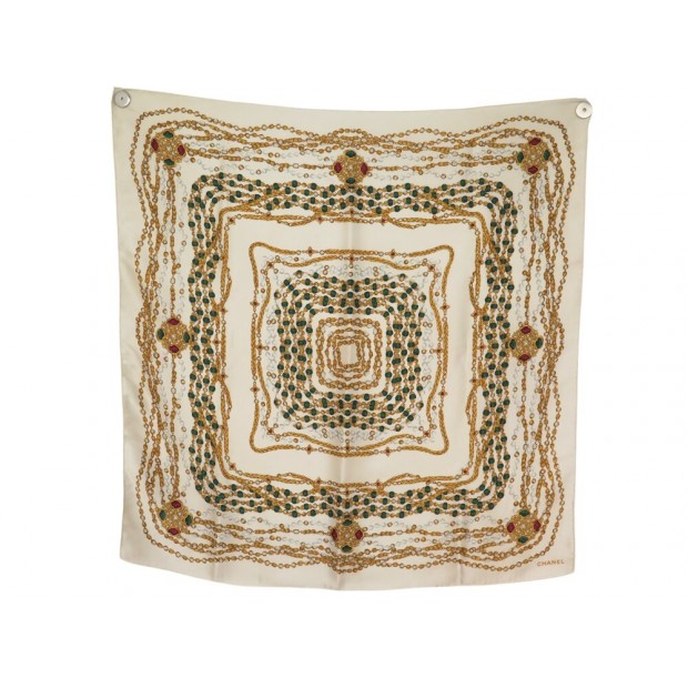 VINTAGE FOULARD CHANEL MOTIF BIJOUX GRIPOIX CARRE 90 SOIE ECRU SILK SCARF 530€