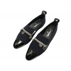 NEUF CHAUSSURES CHANEL BALLERINES CHARMS LOGO CC 40 TWEED CUIR VERNI SHOES 1030€