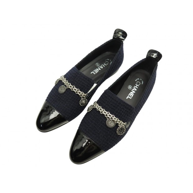 NEUF CHAUSSURES CHANEL BALLERINES CHARMS LOGO CC 40 TWEED CUIR VERNI SHOES 1030€