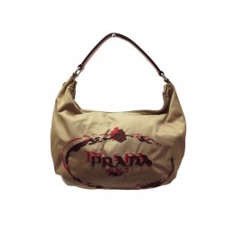 VINTAGE SAC A MAIN PRADA TESSUTO HOBO NYLON BEIGE LOGO PORTE EPAULE HANDBAG 920€
