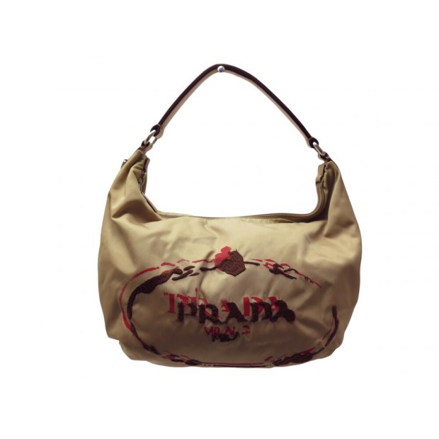 VINTAGE SAC A MAIN PRADA TESSUTO HOBO NYLON BEIGE LOGO PORTE EPAULE HANDBAG 920€