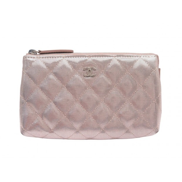 POCHETTE CHANEL ZIPPE EN CUIR MATELASSE ROSE TROUSSE PORTE MONNAIE POUCH 1100€