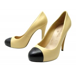 CHAUSSURES CHANEL G28289 ESCARPINS 40 EN CUIR BICOLORE BEIGE ET NOIR SHOES 1400€