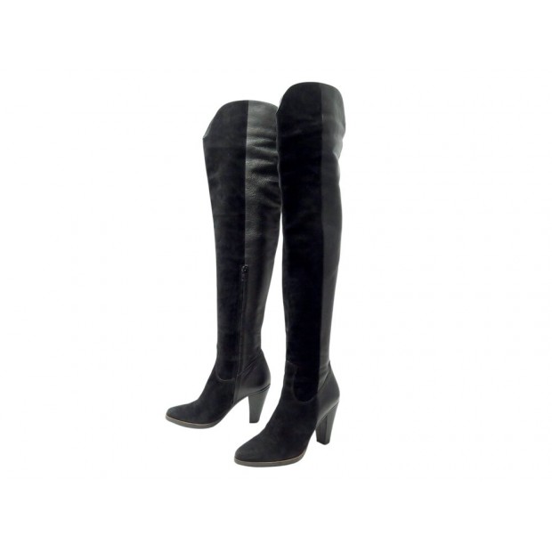 CHAUSSURES BOTTES CUISSARDES CHLOE 36.5 CUIR ET DAIM 36 NOIR BLACK BOOTS 1690€