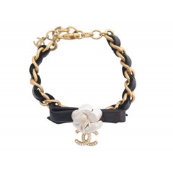NEUF BRACELET CHANEL CHAINE LOGO CC CAMELIA 17-20 CM METAL DORE CUIR BANGLE 890€