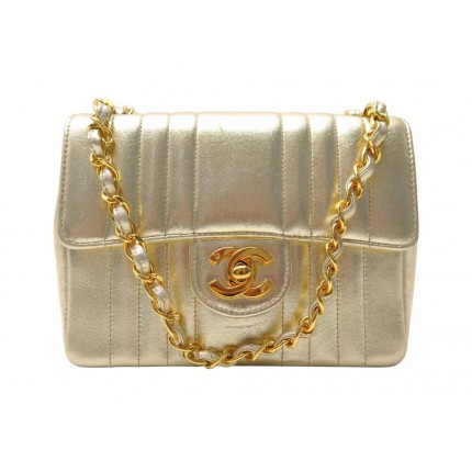 VINTAGE SAC A MAIN CHANEL TIMELESS MINI SQUARE 1991 EN CUIR DORE BANDOULIERE BAG