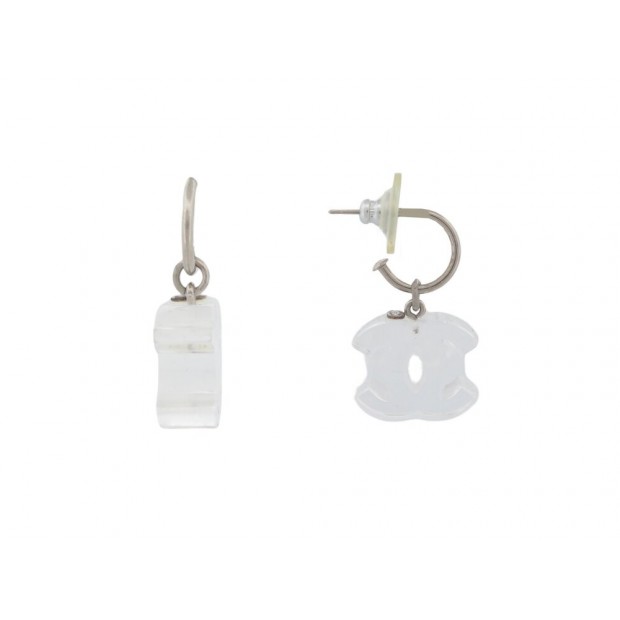 BOUCLES D'OREILLES CHANEL PENDANTES LOGO CC PLASTIQUE TRANSPARENT EARRINGS 650€