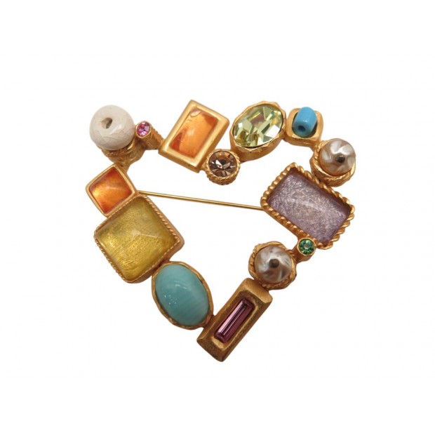 VINTAGE BROCHE CHRISTIAN LACROIX COEUR PERLES DE VERRE METAL DORE GOLDEN BROOCH