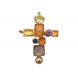 VINTAGE BROCHE CHRISTIAN LACROIX CROIX PERLES DE VERRE & DORE PENDENTIF BROOCH