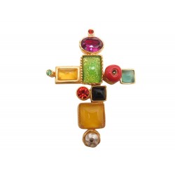 VINTAGE BROCHE CHRISTIAN LACROIX CROIX PERLES DE VERRE METAL DORE BROOCH GOLDEN