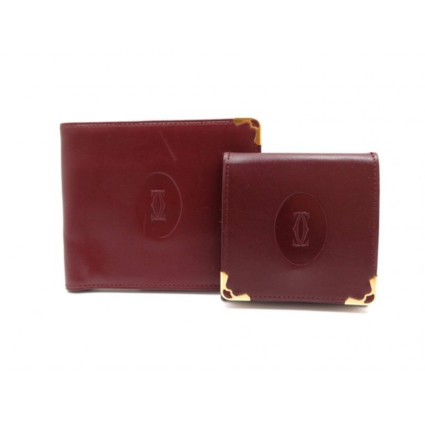 VINTAGE PORTE MONNAIE + PORTE CARTES MUST DE CARTIER CUIR BORDEAUX BILLFOLD 585€