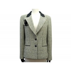 VESTE CHANEL A CARREAUX BROCHE CAMELIA EN COTON VERT 42 L + CINTRE JACKET 5650€